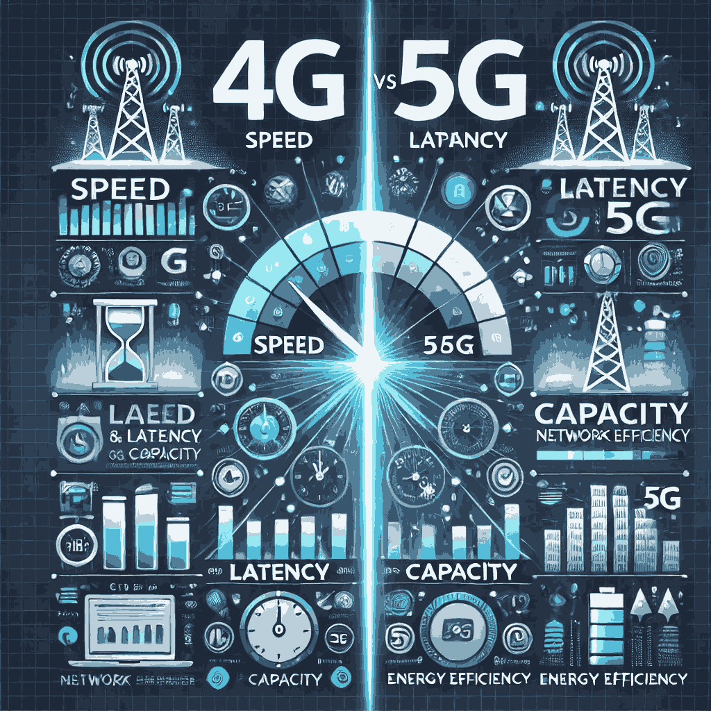 Comparison of 4G vs. 5G (Speed, Latency, Capacity, Energy Efficiency)