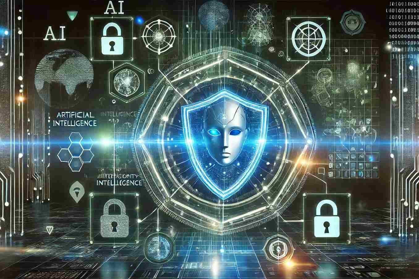 AI analyzing cybersecurity threats with a digital shield